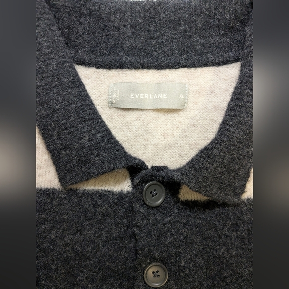 Everlane Black Cream Stripe Stretch Wool Rugby Polo Sweater XL Machine Washable - Picture 8 of 10